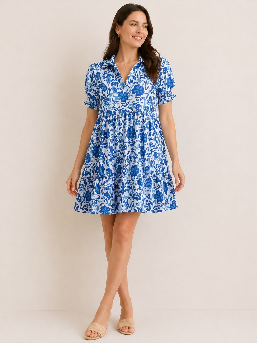 THML Blue White Floral Dress Anthropologie Short Sleeve Tiered Babydoll Dress XS